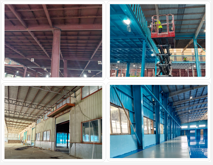 原始钢构墙面图（左）VS 地卫士环氧无尘防锈墙面漆完工图（右）